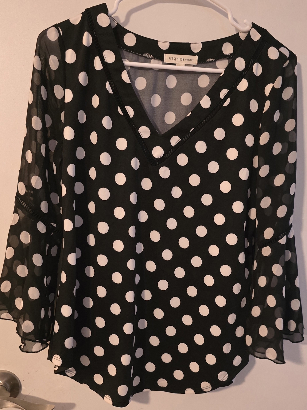 PerSeption Concept Black and White Polka Dot V-Neck Blouse
